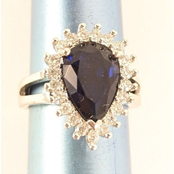 Teardrop Sapphire Blue and Clear Rhinestone Ring  Size  7.25 - Picture 3 of 10